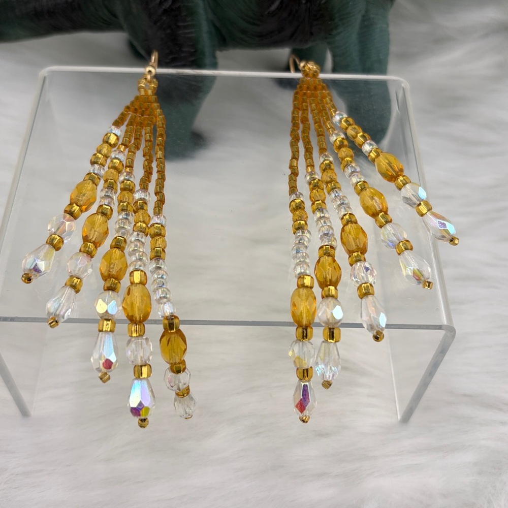 Gold and Faceted Clear Beaded Dangle Earrings for Pierced Ears